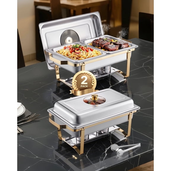 VEVOR Chafing Dish Buffet Set, 4 Qt 2 Pack, Stainless Steel Chafer with 4 Half Size Pans, Rectangle Catering Warmer Server with Glass Lid Water Pan Folding Stand Fuel Holder,for Wedding Party Banquet