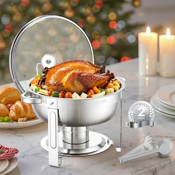 VEVOR Chafing Dish Buffet Set,5 Qt 2 Pack, Stainless Steel Chafer with 2 Full Size Pan,Round Catering Warmer Server with Glass Lid Water Pan Folding Stand Fuel Holder,for Wedding Party Banquet,Silver