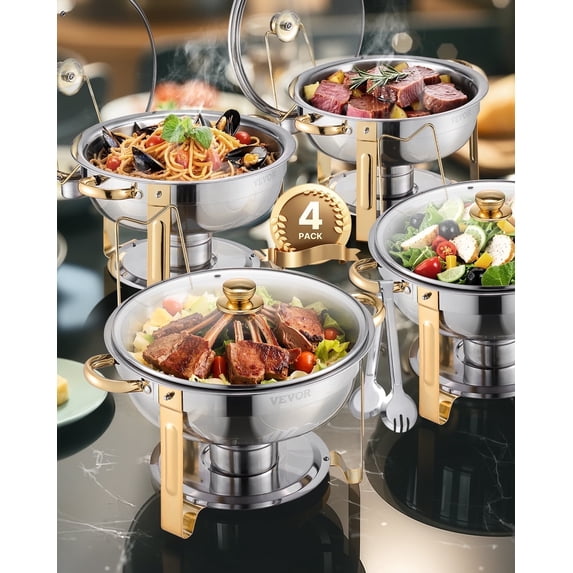 VEVOR Chafing Dish Buffet Set, 5 Qt 4 Pack, Stainless Steel Chafer with 4 Full Size Pan, Round Catering Warmer Server with Glass Lid Water Pan Folding Stand Fuel Holder,for Wedding Party Banquet,Gold