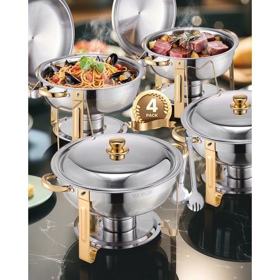 VEVOR Chafing Dish Buffet Set, 5 Qt 4 Pack, Stainless Steel Chafer with 4 Full Size Pans, Round Catering Warmer Server with Lid Water Pan Folding Stand Clip, for Weddings Parties Banquets, Gold