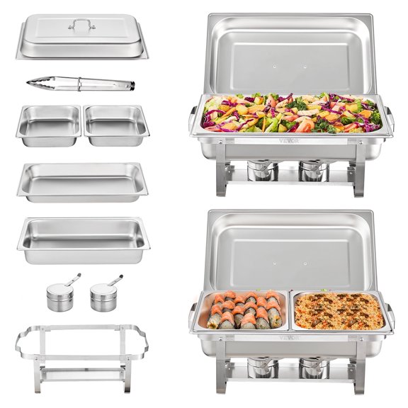 VEVOR Chafing Dish Buffet Set, 8 Qt 2 Pack, Stainless Chafer with 2 Full & 4 Half Size Pans, Lid Water Pan Folding Stand Fuel Tray Holder Clip