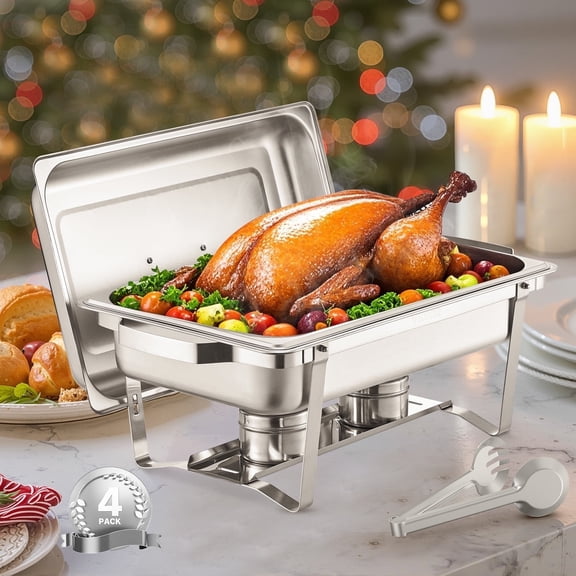 VEVOR Chafing Dish Buffet Set, 8 Qt 4 Pack, Stainless Steel Chafer with 4 Full Size Pans, Rectangle Catering Warmer Server with Lid Water Pan Stand Fuel Holder, for Weddings Parties Banquets, Silver