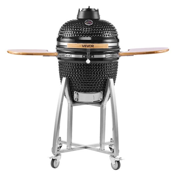 VEVOR Charcoal Smoker and Grill,18" Kamado Charcoal BBQ Smoker, Movable Ceramic Barbecue Grill with 4 Wheels (2 Lockable),Built-in Thermometer,Air Vents & Side Shelf for Outdoor Patio Yard Cooking