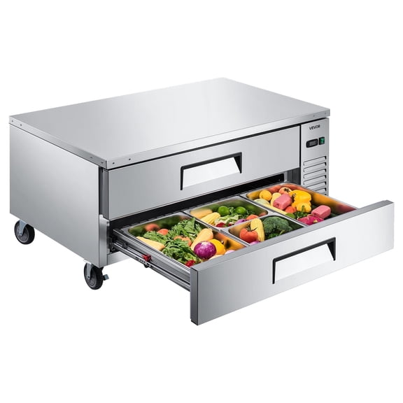 VEVOR Chef Base Refrigerator, 52" W Commercial Chef Bases Worktop Refrigerators, 2-Drawer Under Counter Fridge with 8 Pans Stainless Steel, Heavy-Duty Refrigerated Base, Invisible Door Handle
