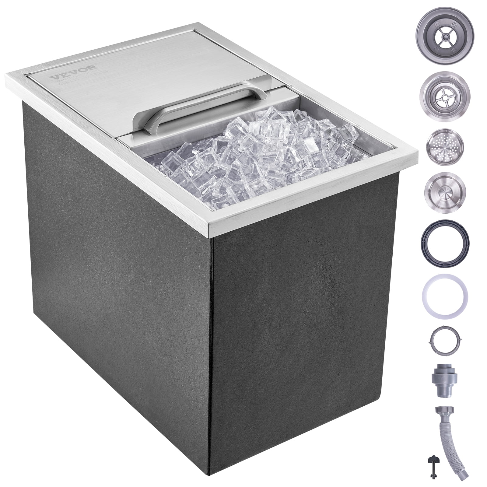 VEVOR Drop in Ice Chest, 18"L x 12"W x 14.5"H Stainless Steel Ice Cooler, Commercial Ice Bin with Sliding Cover,40.9 qt Outdoor Kitchen Ice Bar,Drain-pipe and Drain Plug Included,for Cold Wine Beer