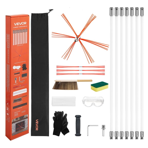 VEVOR Chimney Sweep Kit, 23 ft Maximum Extendable Length Chimney Brush, Chimneys Cleaning Kit with Bristle Replacements & Goggles, 90 Bendable Fireplace Cleaning Tool, for Square, Rectangle Chimneys