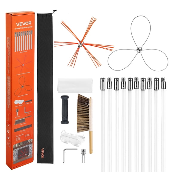VEVOR Chimney Sweep Kit, 33 ft Maximum Extendable Length Chimney Brush, Chimney Cleaner Sweeper with Dual Brush Heads, Brush & Goggles, Fireplace Cleaning Tool for Square, Rectangle, Arch Chimneys