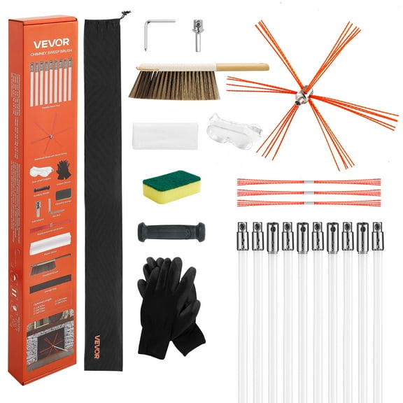VEVOR Chimney Sweep Kit, 33 ft Maximum Extendable Length Chimney Brush, Chimneys Cleaning Kit with Bristle Replacements & Goggles, 90 Bendable Fireplace Cleaning Tool, for Square, Rectangle Chimneys
