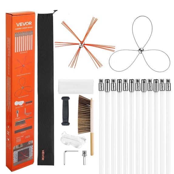 VEVOR Chimney Sweep Kit, 39 ft Maximum Extendable Length Chimney Brush, Chimney Cleaner Sweeper with Dual Brush Heads & Bristle Replacements, Fireplace Cleaning Tool for Square, Rectangle Chimneys