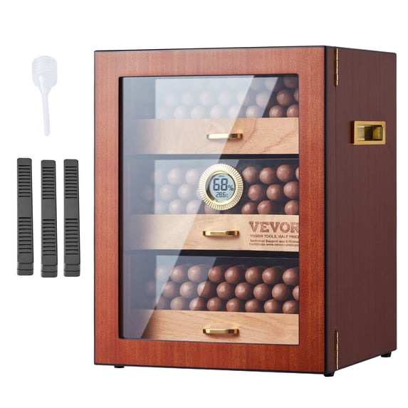 VEVOR Cigar Humidor Cabinet, Handmade Spanish Cedar Wood Cigar Humidor for 100-150 Cigars, Glass Cigar Desktop Storage Case with Digital Humidifier,Hygrometer,Shelves,and Handle, Great Gift for Men