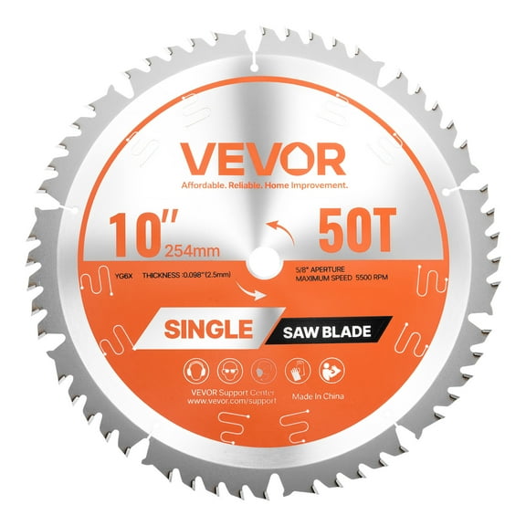VEVOR Circular Saw Blade, 10 inch Diameter, 50 Sharp Alloy Teeth, 5/8 inch Arbor, Fine Finish, Wood Cutting Blade for Circular Saw, with Noise-Reducing Heat Vents, for Cutting Plywood, OSB, Hardwood