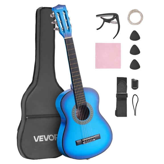 VEVOR 30in Classical Guitar, Wood Guitar Starter Kit for Beginners, with Nylon Strings, Gig Bag, Strap, Tuner, Extra Strings, Picks, Capo, Basswood, for Kids Girls Boys Students, Blue