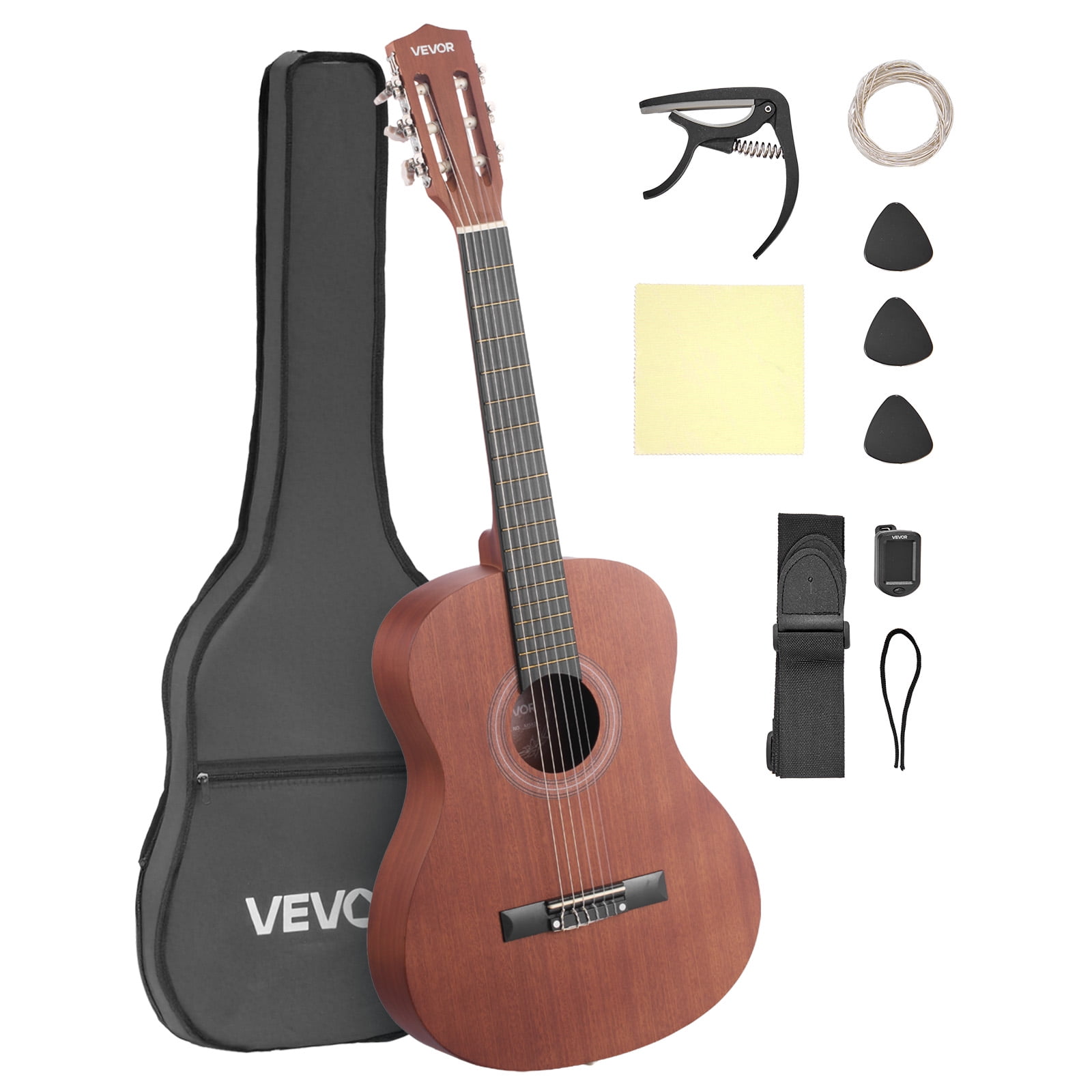 VEVOR Classical Guitar, 36 Inch, Wood Classical Guitar Starter Kit for Beginners, with Nylon Strings, Gig Bag, Strap, Tuner, Extra Strings, Picks, Capo, Sapele & Rosewood, for Kids Girls Boys,Natural