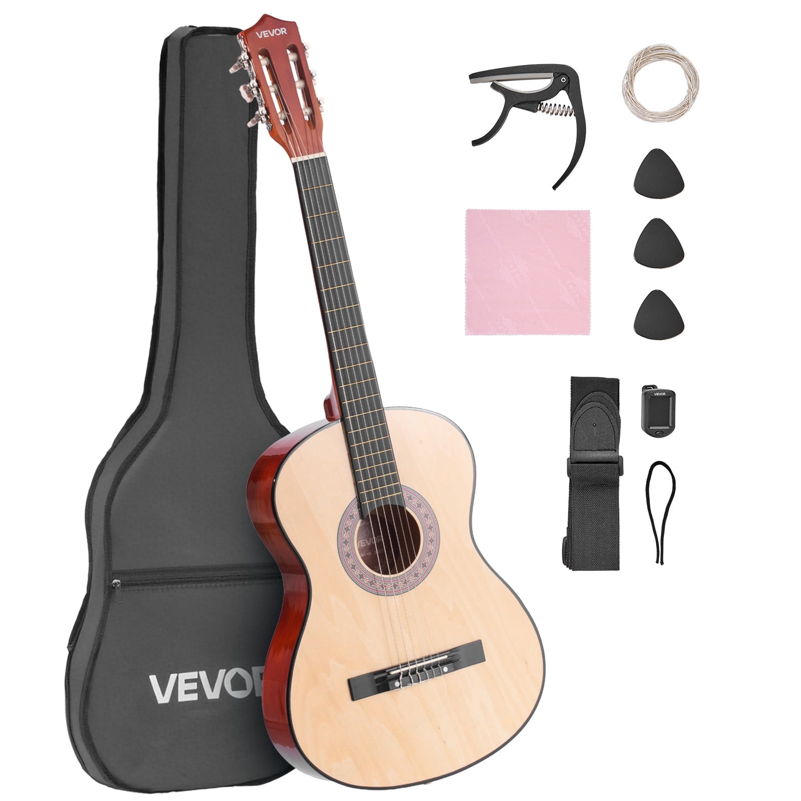VEVOR 38in Classical Guitar,Wood Guitar Starter Kit for Beginners, with Nylon Strings, Gig Bag, Strap, Tuner, Extra Strings, Pick, Capo, Basswood,for Teenagers Adults Students, Natural