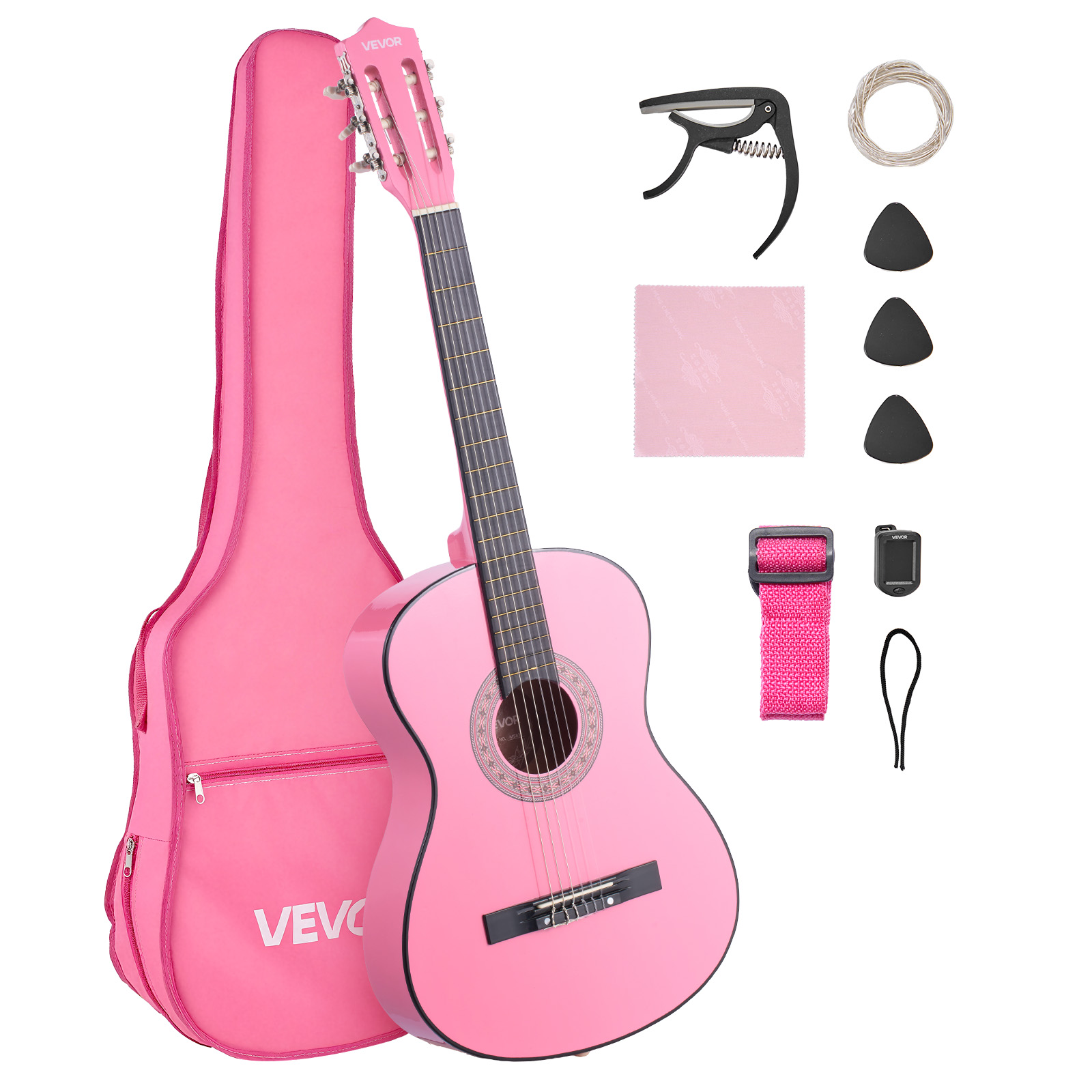 VEVOR 38in Classical Guitar, Wood Guitar Starter Kit for Beginners, with Nylon Strings, Gig Bag, Strap, Tuner, Extra Strings, Picks, Capo, Basswood, for Teenagers Adults Students, Pink