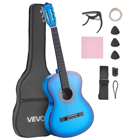 VEVOR Classical Guitar, 38 Inch, Wood Classical Guitar Starter Kit for Beginners, with Nylon Strings, Gig Bag, Strap, Tuner, Extra Strings, Picks, Capo, Basswood, for Teenagers Adults Students, Blue