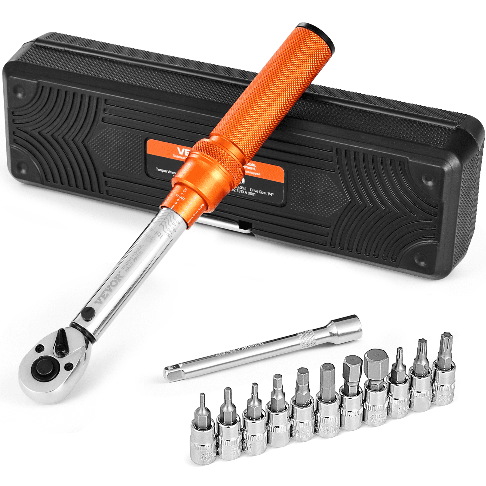 VEVOR Click Torque Wrench Set, 1/4Inch Drive, 20-200lbf-in/2.3-22.6N.m, Dual-direction and Dual Range Scales, 72-Tooth, ±3% High Precision,with Bit Sockets Extension Bar,for Bicycle Repair,Orange