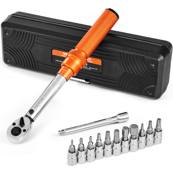 VEVOR Click Torque Wrench Set, 1/4Inch Drive, 20-200lbf-in/2.3-22.6N.m, Dual-direction and Dual Range Scales, 72-Tooth, ±3% High Precision,with Bit Sockets Extension Bar,for Bicycle Repair,Orange