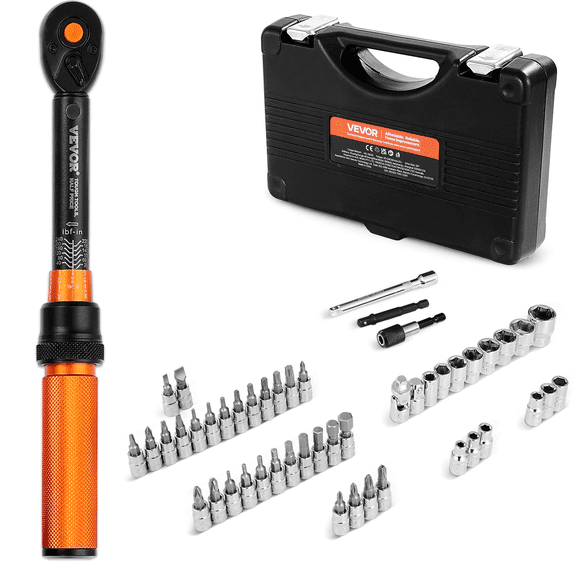 VEVOR Click Torque Wrench Set, 1/4Inch Drive, 20-240 lbf-in / 2.3-27.1N.m, Dual-direction and Dual Range Scales, 72-Tooth, 3% High Precision, with Bits, Sockets, Adapters, Extension Bar, for Repair