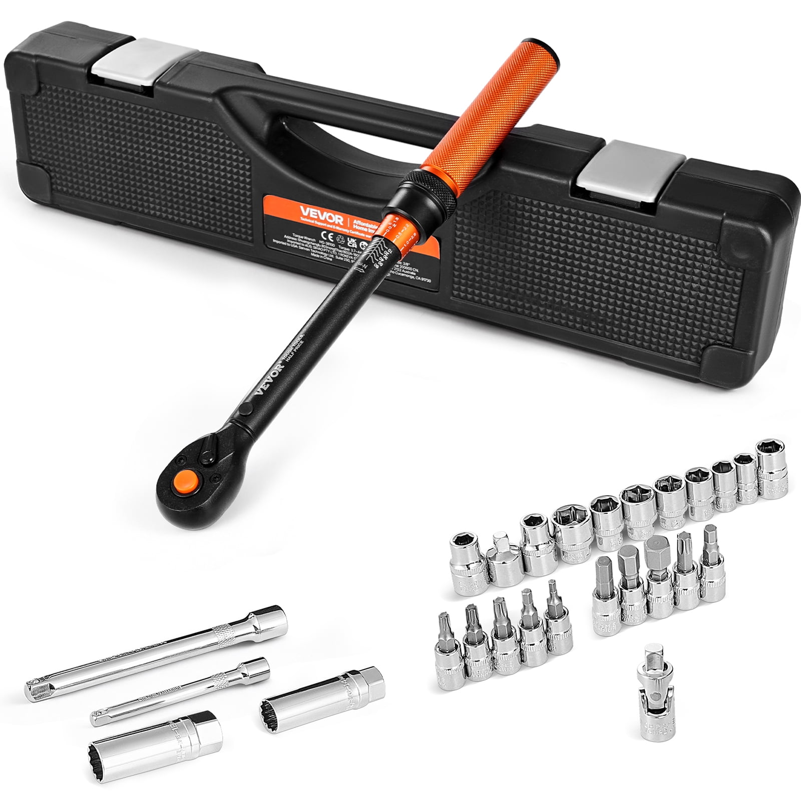 VEVOR Click Torque Wrench Set, 3/8 Inch Drive, 5-60 N.m/3.7-44.3 lbf.ft, Dual-direction, 72-Tooth, ±3% Precision, with Sockets, Bits, Extension Bar, Spark Plug Sockets, Adapter, for Automobile Repair