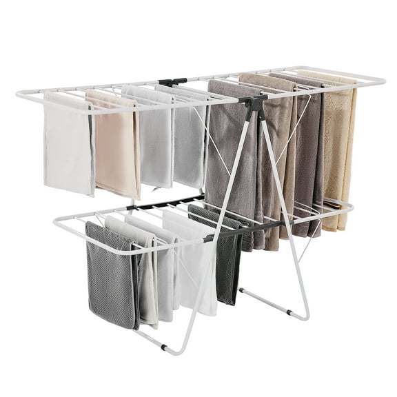 VEVOR Clothes Drying Rack, 2-Tier Foldable Laundry Dryer Rack with Sock Clips & 31 Dry Rods, Metal Height Adjustable Drying Racks for Outdoor & Indoor, Free-Standing & Space-Saving Hanger, White