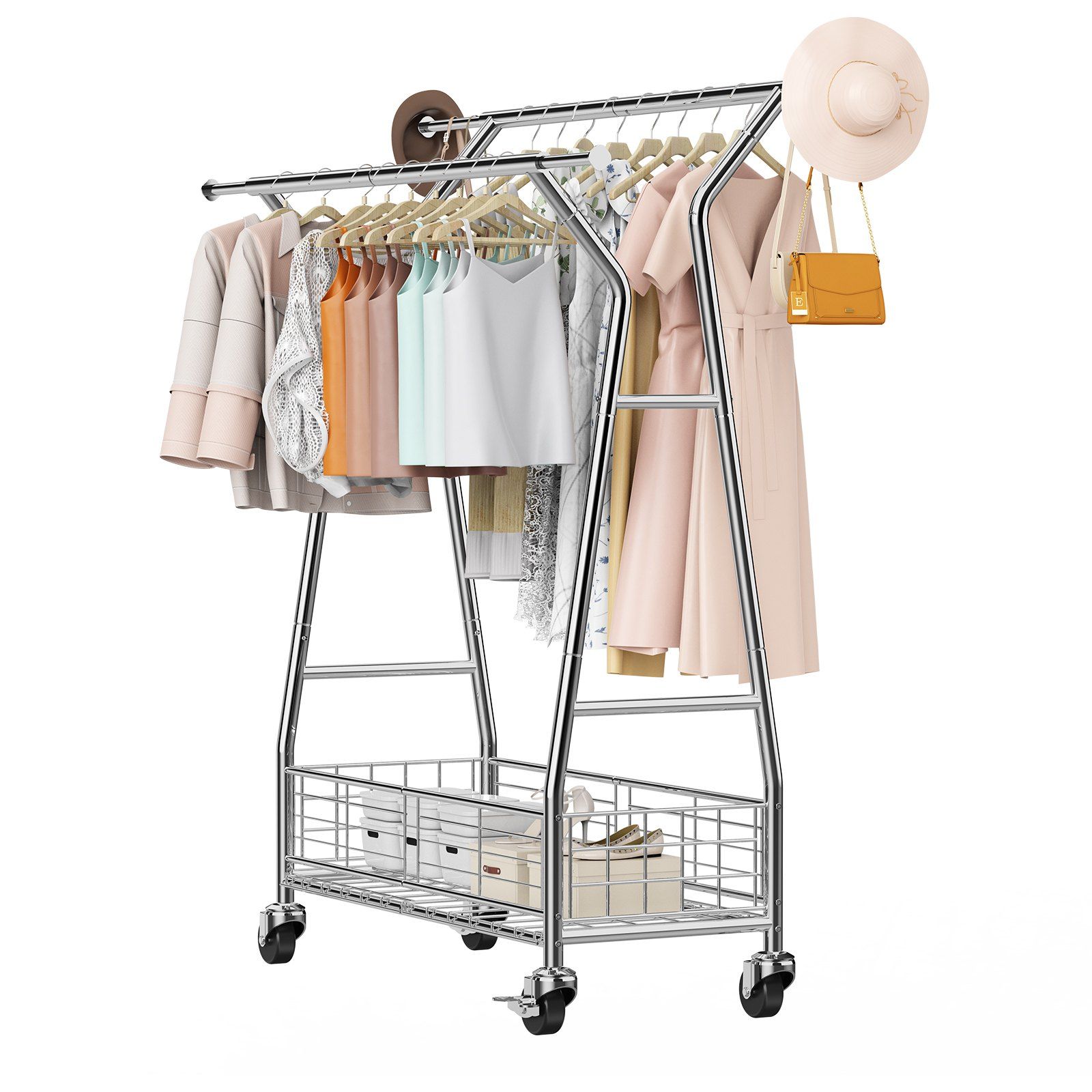 VEVOR Clothes Rack, Rolling Clothing Garment Rack with 2 Hanging Rods ...