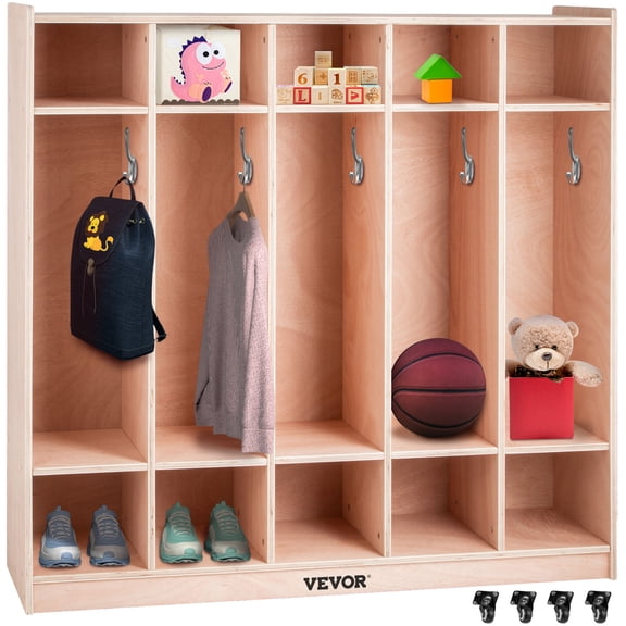VEVOR Coat Locker, 5-Section Daycare Cubby Coat Rack 48x12x48 inch, Classroom Coat Locker and Backpack Hanger, with 5 Hooks and Storage Boxes, for Kindergarten & School, Natural