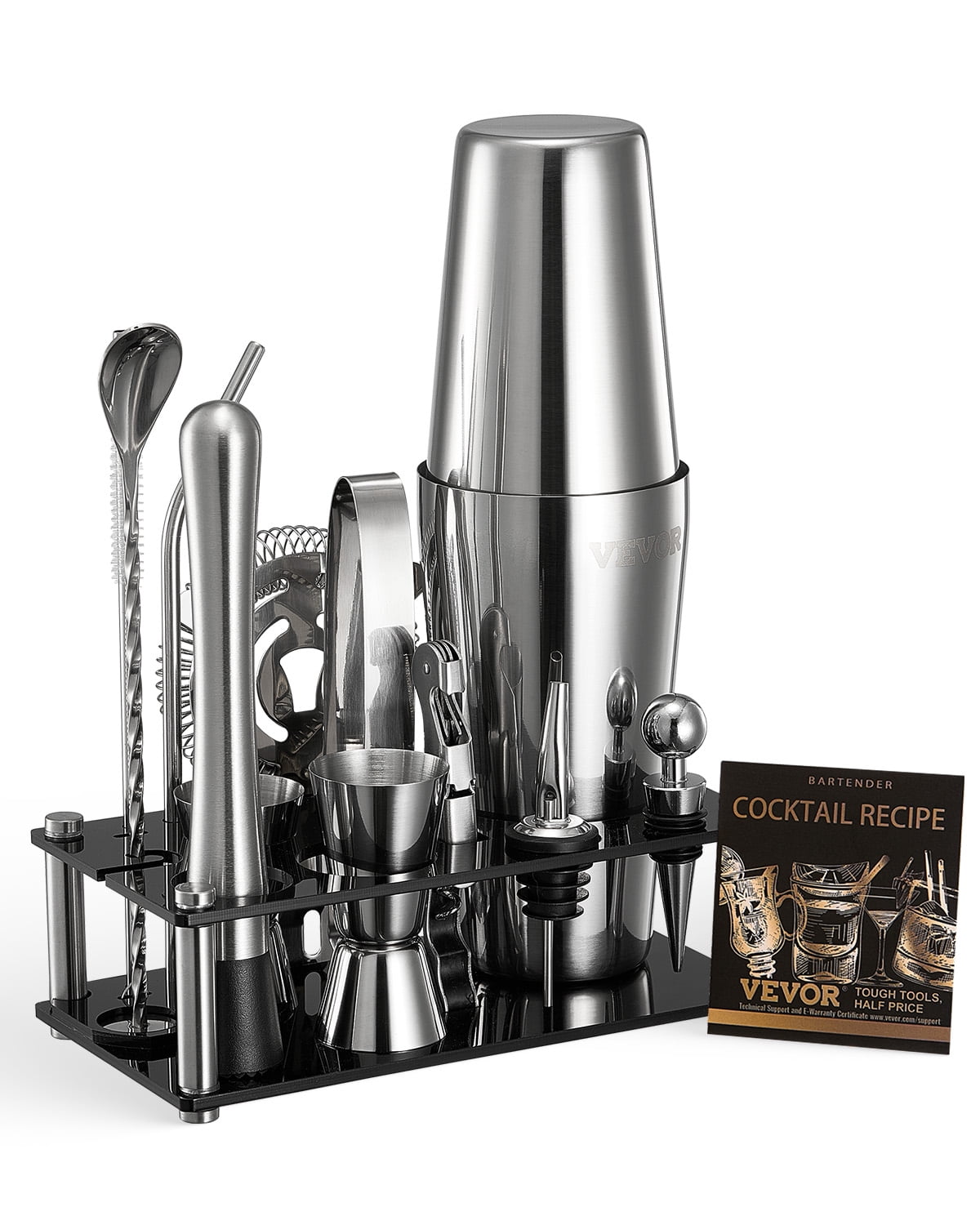 VEVOR Cocktail Shaker Set,14-Piece Stainless Steel Bar Tools with Acrylic Stand, Boston Bartender Kit Accessories | Mixer Spoon, Muddler, Jiggers, Strainer, Liquor Pourer, Ice Tong, Corkscrew, Silver