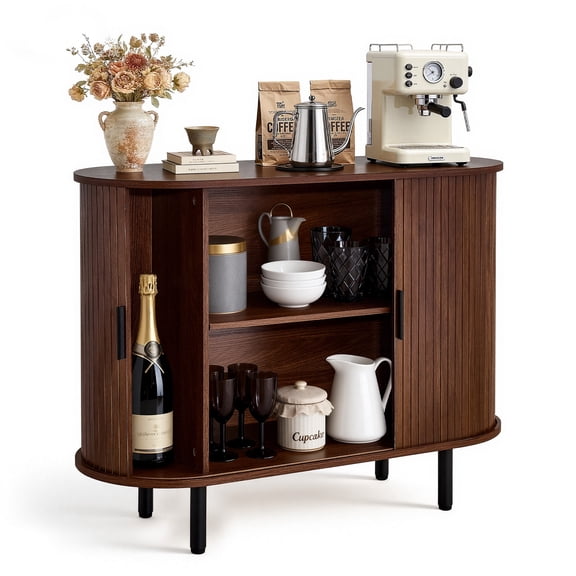 VEVOR Coffee Bar Cabinet, Mid Century Fluted Coffee Bar Table, Buffet Stand Cabinet with 2 Sliding Doors, Sideboard Buffet Station for Living Room, Entryway, Kitchen, 39.3 x 15.7 x 29.5 in, Walnut