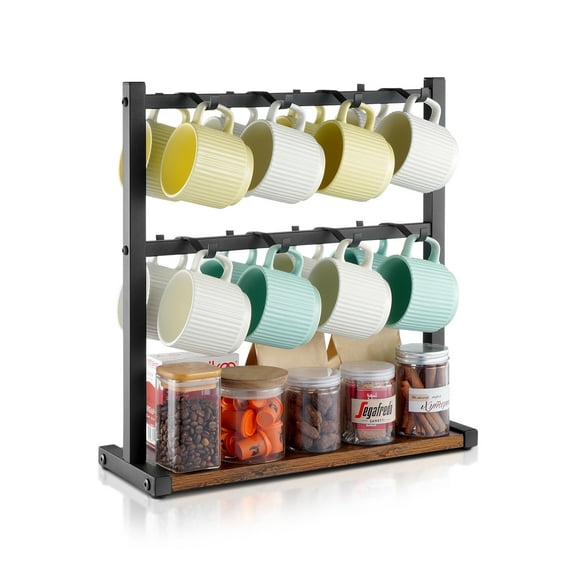 VEVOR Coffee Mug Holder for Countertop, 16 Hooks Coffee Cup Holder with Storage Base,2 Tier Mugs Tree Rack Carbon Steel & Wood Mug Display Stand, for Coffee Bar Home Storage and Display (Matte Black)