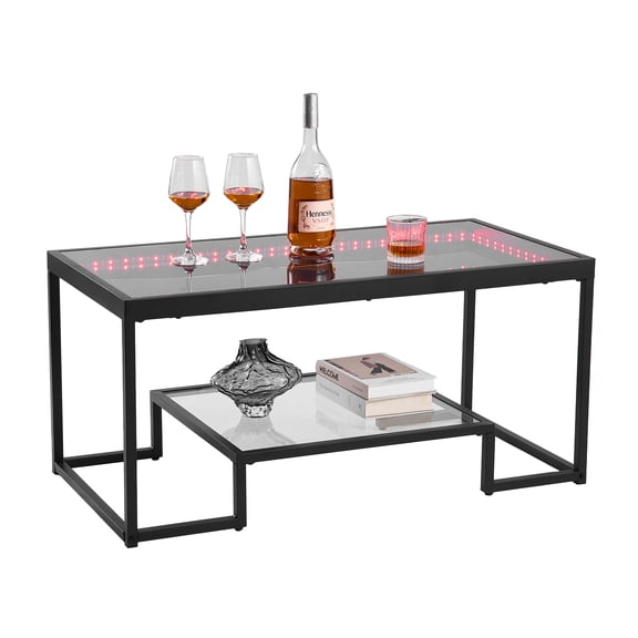 VEVOR Coffee Table, Modern Tempered Glass Coffee Table with Lighting, 2 Tiers Rectangle Glass Center Desk with Open Storage, Minimalist Metal Accent End Desk for Living Room, Office, Easy Assembly