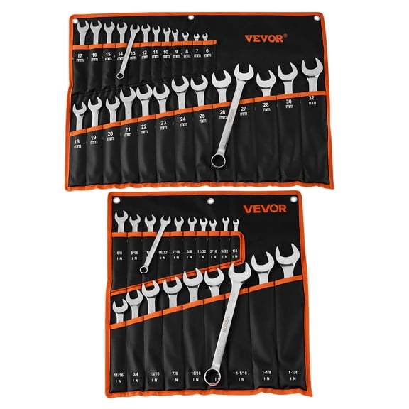 VEVOR Combination Wrench Set, 44-Piece SAE and Metric, 12-Point Box End and 15° Angled Open End Combination Wrenches with Roll Up Pouch, Carbon Steel, for General Household and Automotive Repairs