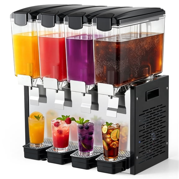 VEVOR Commercial Beverage Dispenser 4 Tanks 10 L / 10.6 QT Per Tank, Stainless Steel Juice Dispenser, Ice Tea Drink Machine with 45 to 54 Cooling Temperature, for Cold Drink Restaurant Bar Party