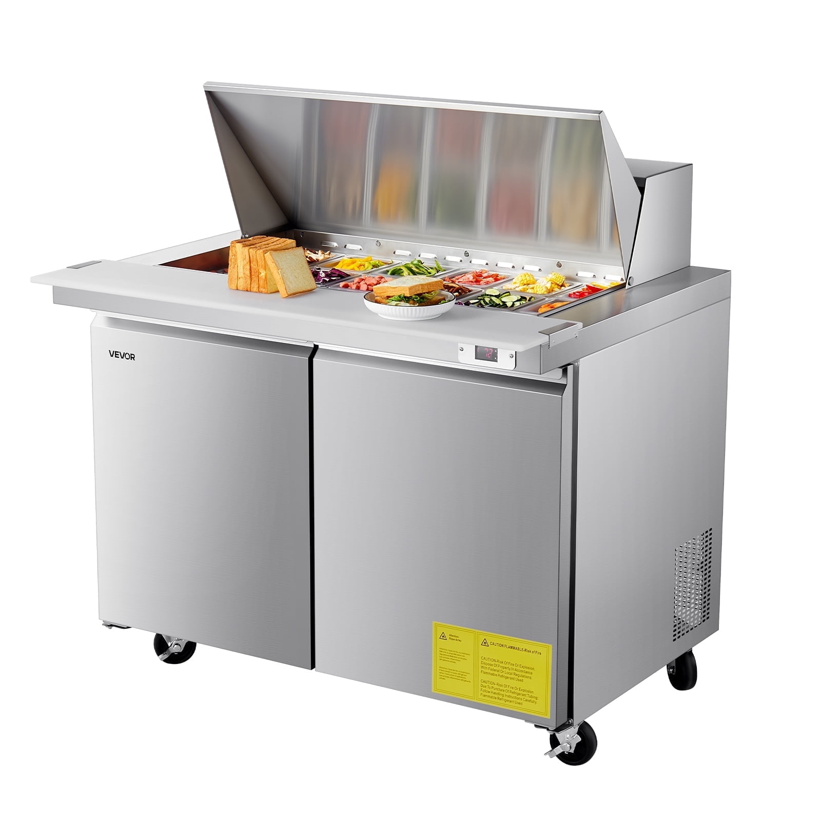 VEVOR 48"W Commercial Refrigerator, 12.5 Cu. Ft Sandwich Prep Refrigerated Table,Mega Top Food Prep Fridge with 18 Pans and Cutting Board,Stainless Steel Salad Prep Cooler for Restaurant,Food Truck