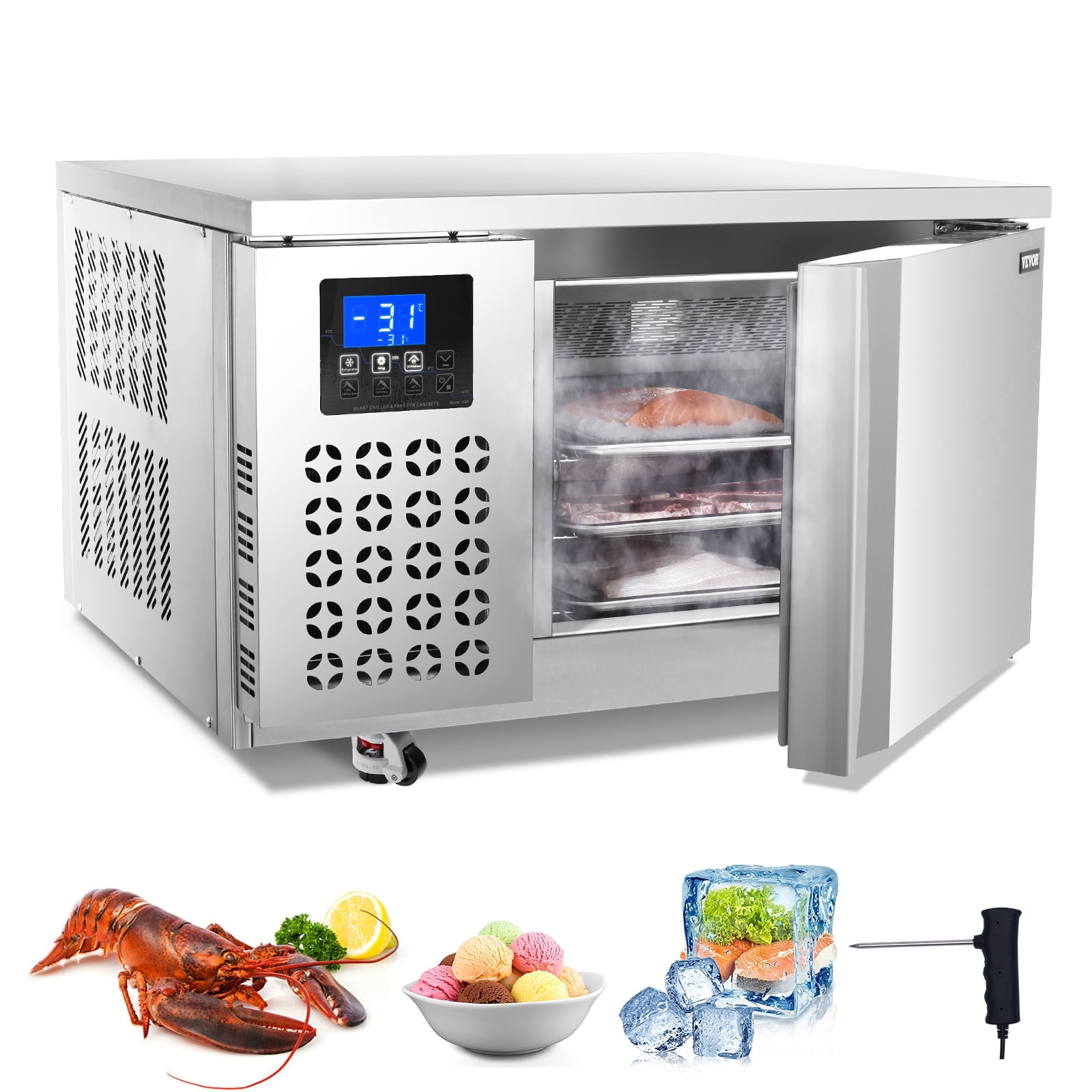 VEVOR Commercial Blast Freezer, 80 L / 2.8 Cu.ft Blast Chiller with 3 Trays,Blast Chiller Freezer Chest with 4 Freezing Modes,Stainless Steel Food Blast Freezer with Casters for Restaurant,Seafood