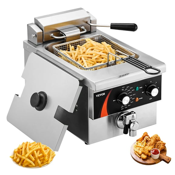 VEVOR Commercial Deep Fryer, 1750W Electric Countertop Fryer with Basket, 9Qt /8.5 L Single Oil Fryer, 1mm Thickened Stainless Steel, Time & Temp Control, for Kitchen Restaurant Use, Silver