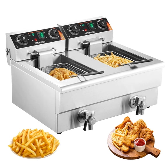 VEVOR Commercial Deep Fryer, Dual Tank 3000W Electric Countertop Fryer with Basket, 2 x 11.6Qt/11L Double Stainless Steel Oil Fryer with Oil Filtration, Time & Temp Control,for Kitchen Restaurant Use