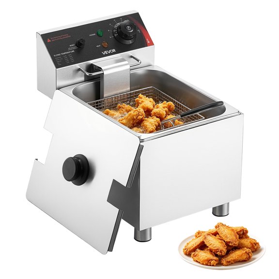 VEVOR Commercial Electric Deep Fryer, 12.15 Qt, 1750W Stainless Steel Countertop Fryer with Basket and Lid, Overheat Protection, Temp Control, Adjustable Feet for Commercial Restaurant Use, Silver