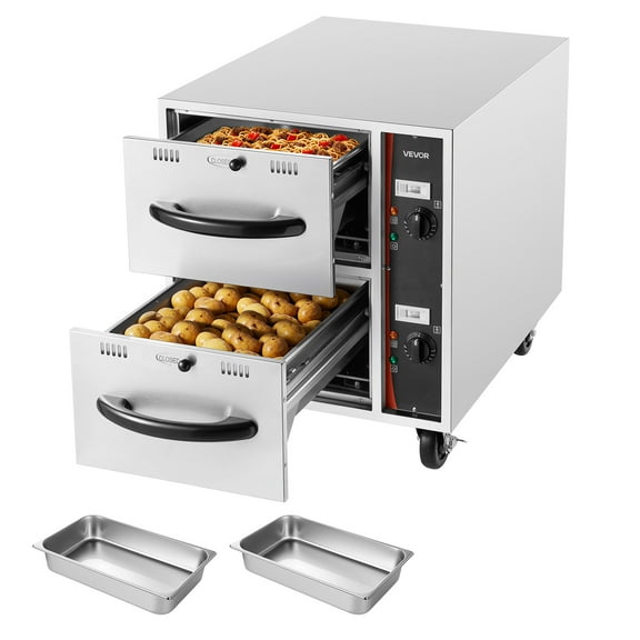 VEVOR Commercial Electric Drawer Warmer, 2 Full-Size Pan Stainless Steel Food Warmer, Freestanding Standard Warming Drawer Cabinet, 85F185F Wide Temperature Range, for Restaurant, Hotel Buffet