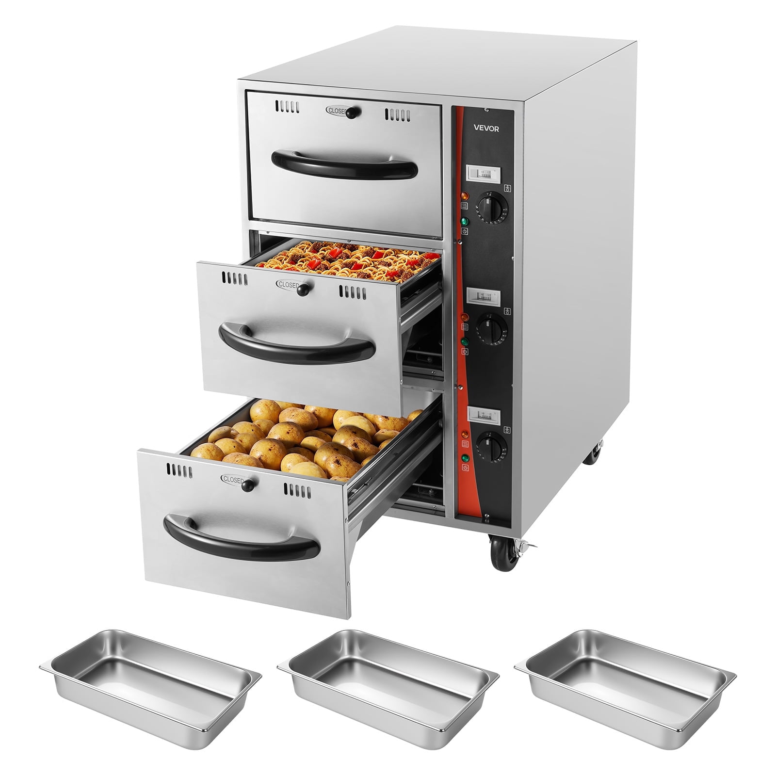 VEVOR Commercial Electric Drawer Warmer, Three-Drawer Stainless Steel Food Warmer, Freestanding Compact Warming Drawer Cabinet, 85°F–185°F Wide Temperature Range, for Restaurant,Hotel Buffet & Bakery