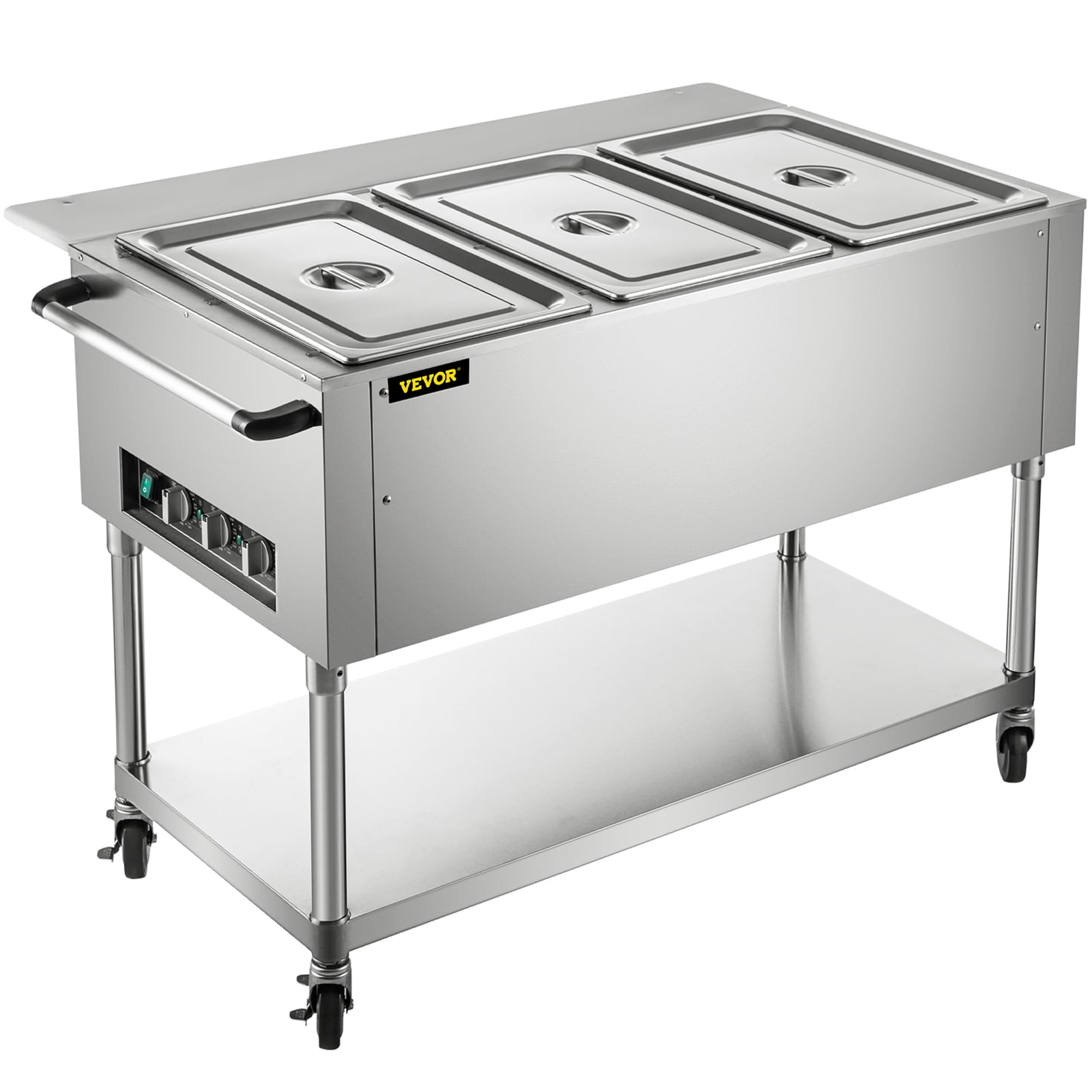 VEVOR Commercial Electric Food Warmer, 3-Pot Steam Table Food Warmer 0-100℃  with 4 Lockable Wheels, Professional Stainless Steel Material with ETL