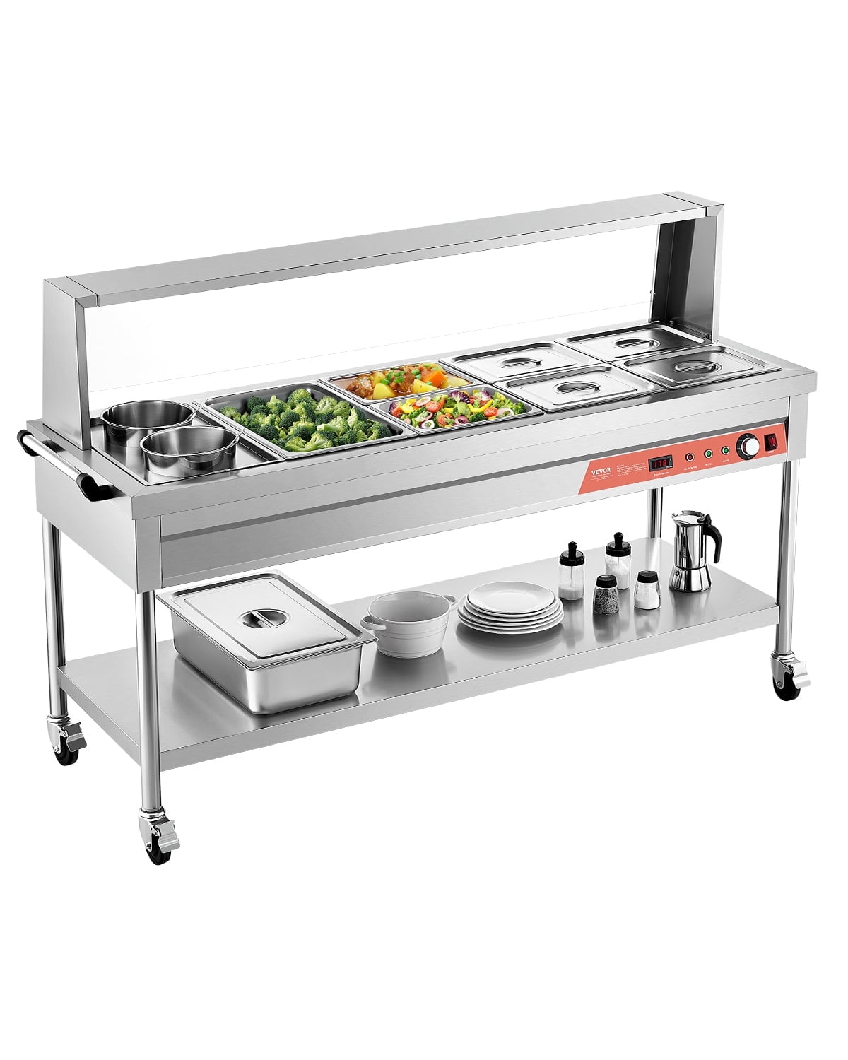 VEVOR Commercial Electric Food Warmer, 7 Pans + 2 Pots Steam Table, 1800W Professional Buffet Catering Food Warmer with Shield Undershelf Wheels, Stainless Steel Server
