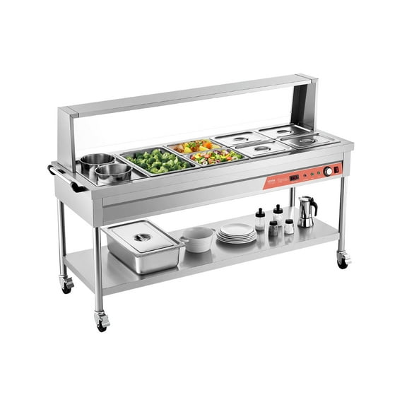 VEVOR Commercial Electric Food Warmer, 7 Pans + 2 Pots Steam Table, 1800W Professional Buffet Catering Food Warmer with Shield Undershelf Wheels, Stainless Steel Server