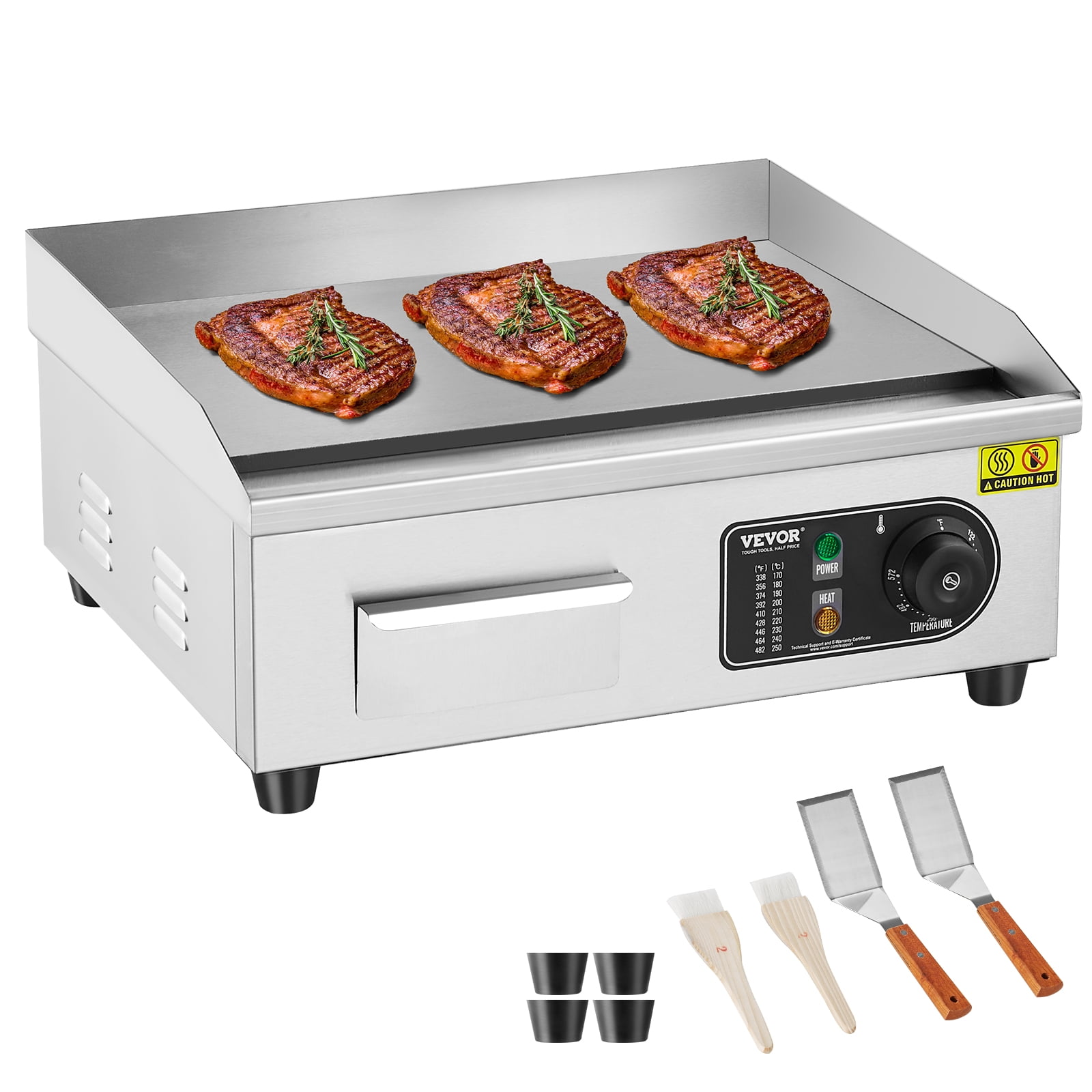VEVOR Commercial Electric Griddle,1700W Countertop Flat Top Grill, 122-572 Adjustable Temp,17.72 x 11.81 x 0.39in Stainless Steel Griddle Grill with 2 Shovels and 2 Brushes for Home or Restaurant