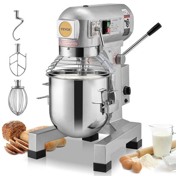 VEVOR Commercial Food Mixer, 14L Commercial Stand Mixer with 3 Adjustable Speeds, 550W Dough Mixer with Stainless Steel Bowl and 3 Mixing Attachments, Ideal for Restaurant, Bakery, Pastry Shop, Cafe