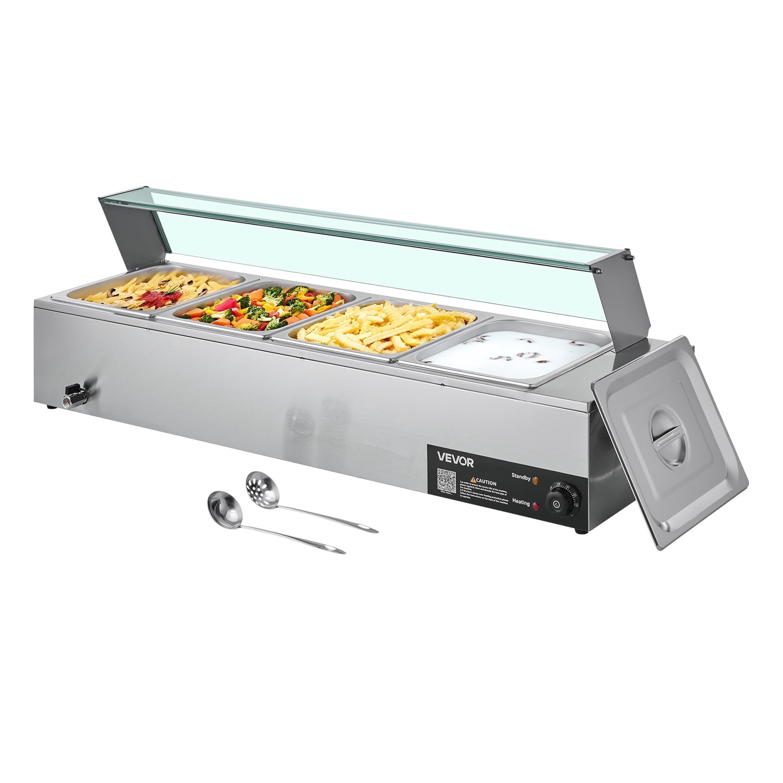 VEVOR Commercial Food Warmer, 1500W Electric Stainless Steel Steam Food Warmer with Glass Cover, 4-Pan Countertop Buffet Bain Marie with Soup & Perforated Ladles, for Catering, Restaurant & Party