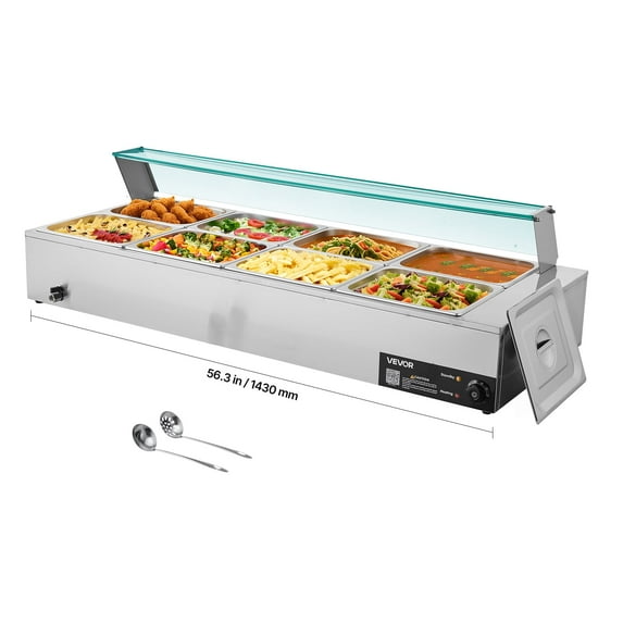 VEVOR Commercial Food Warmer, 1700W Electric Stainless Steel Steam Food Warmer with Glass Cover, 8-Pan Countertop Buffet Bain Marie with Soup & Perforated Ladles, for Catering, Restaurant & Party