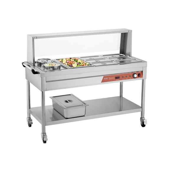 VEVOR Commercial Food Warmer, 7 Pans + 2 Pots Electric Steam Table, 1800W Professional Buffet Catering Food Warmer with Shield Undershelf Wheels, Stainless Steel Server