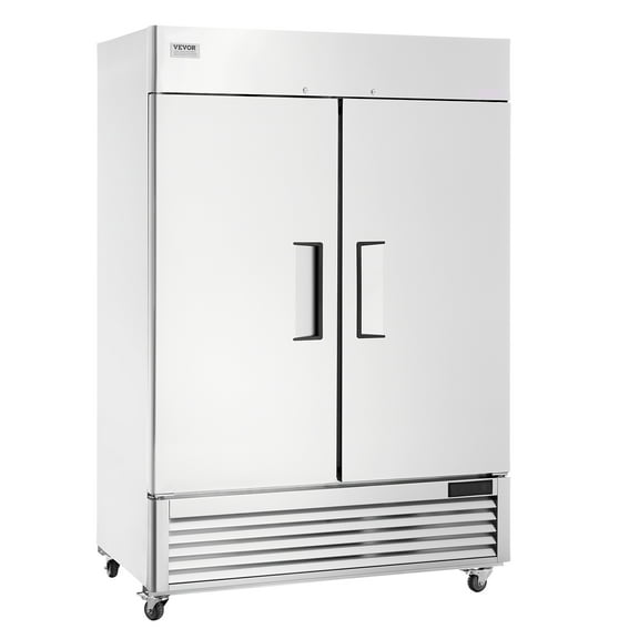 VEVOR Commercial Freezer 44.21 Cu.ft, Reach In 54.4" W Upright Freezer 2 Doors, Auto-Defrost Stainless Steel Reach-in Freezer with 8 Adjustable Shelves, -13 to 5℉ Temp Control, LED Lighting, 4 Wheels