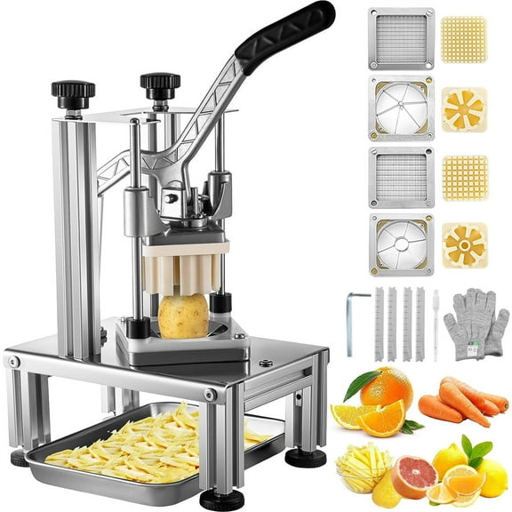 VEVOR Commercial French Fry Cutter with 4 Replacement Blades, 1/4 & 3/8 Blade Easy Dicer Chopper, 6-wedge Slicer & 6-wedge Apple Corer, Lemon Potato Cutter